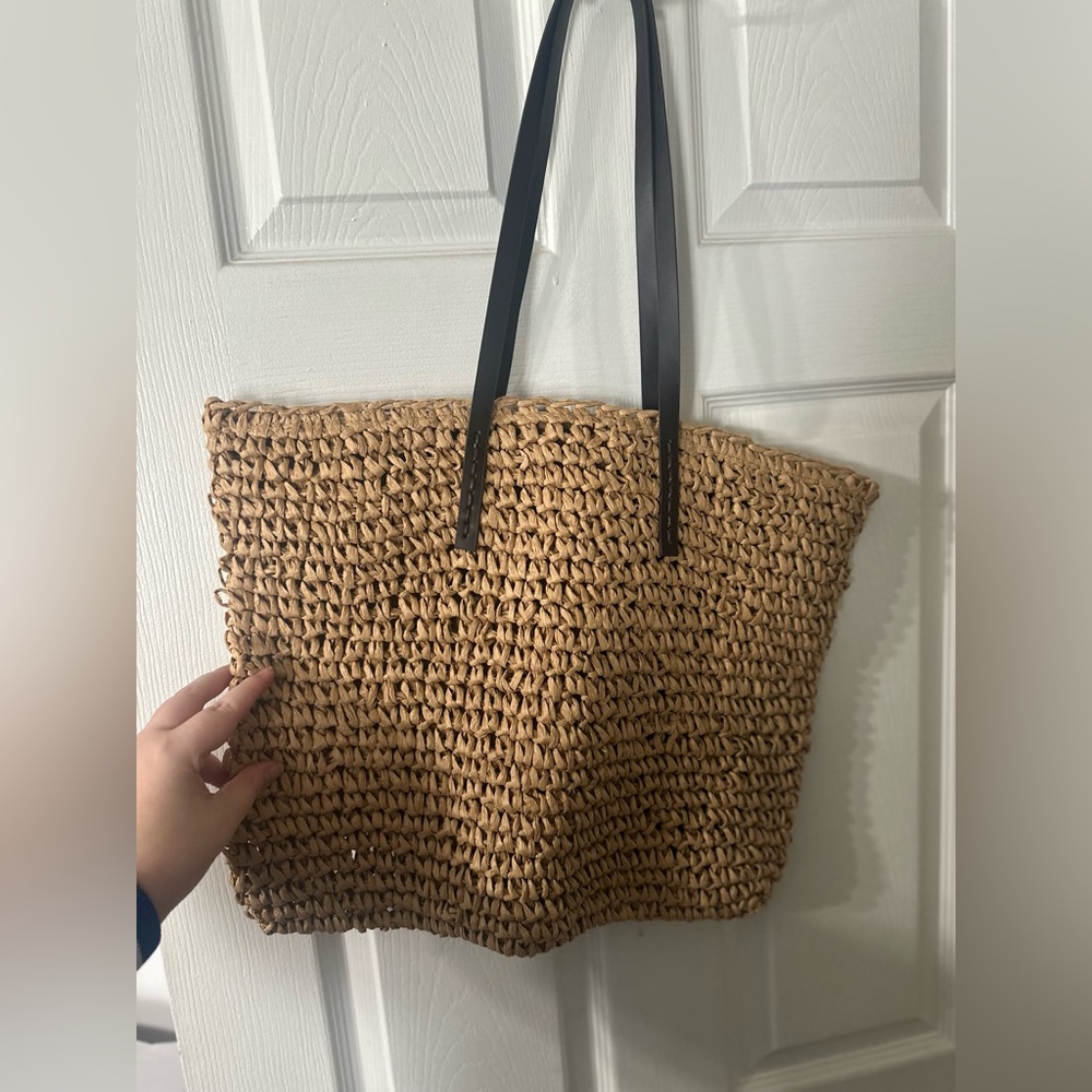 Woven Straw Tote Bag with Black Handles - Natural